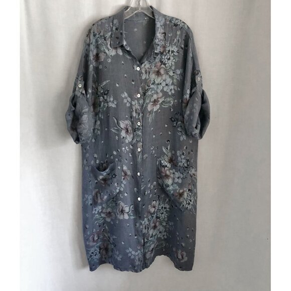 Italian Blue Floral Linen Duster Jacket Button  Front Size XL-1X - Picture 3 of 8